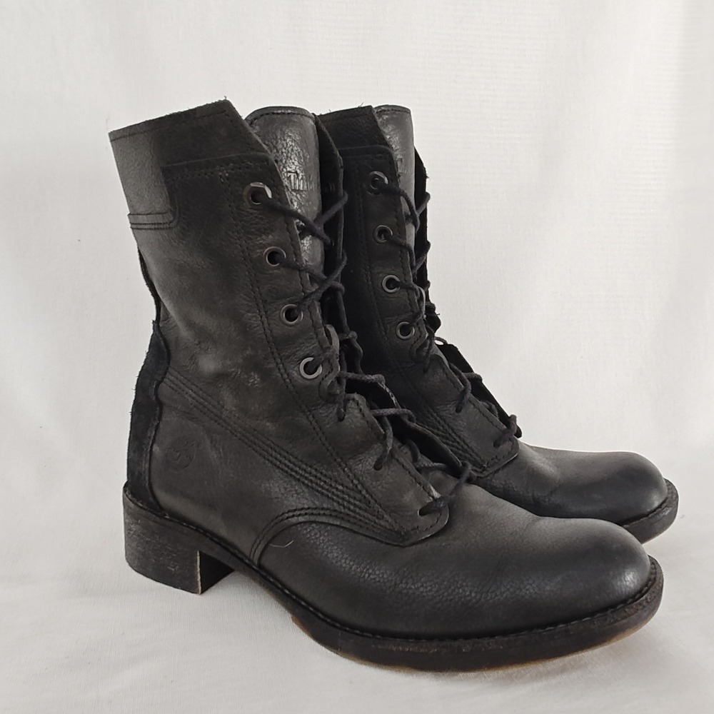 Timberland Black Leather Lace-Up Combat Boots